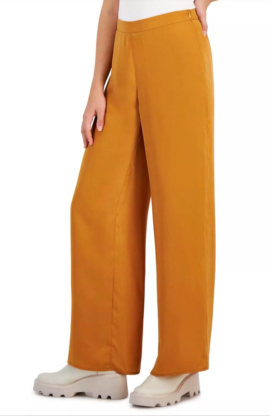 Lucy Paris Womens XS tan gold Flat Front Celine Wide-Leg Silky Pull-On Pant NEW